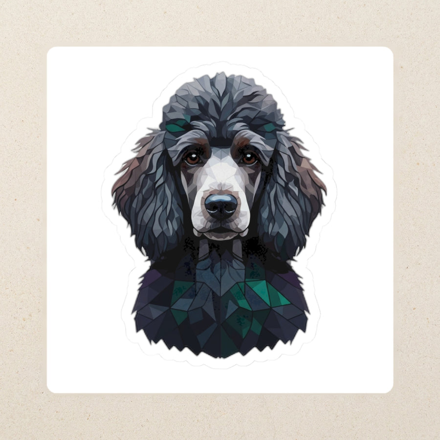 Poodle Low Poly Kiss-Cut Sticker, Geometric Dog Art, Poodle Lover Gift, Waterproof Vinyl kiss-cut vinyl sticker applied to a journal cover on a limestone desk, photographed from directly above