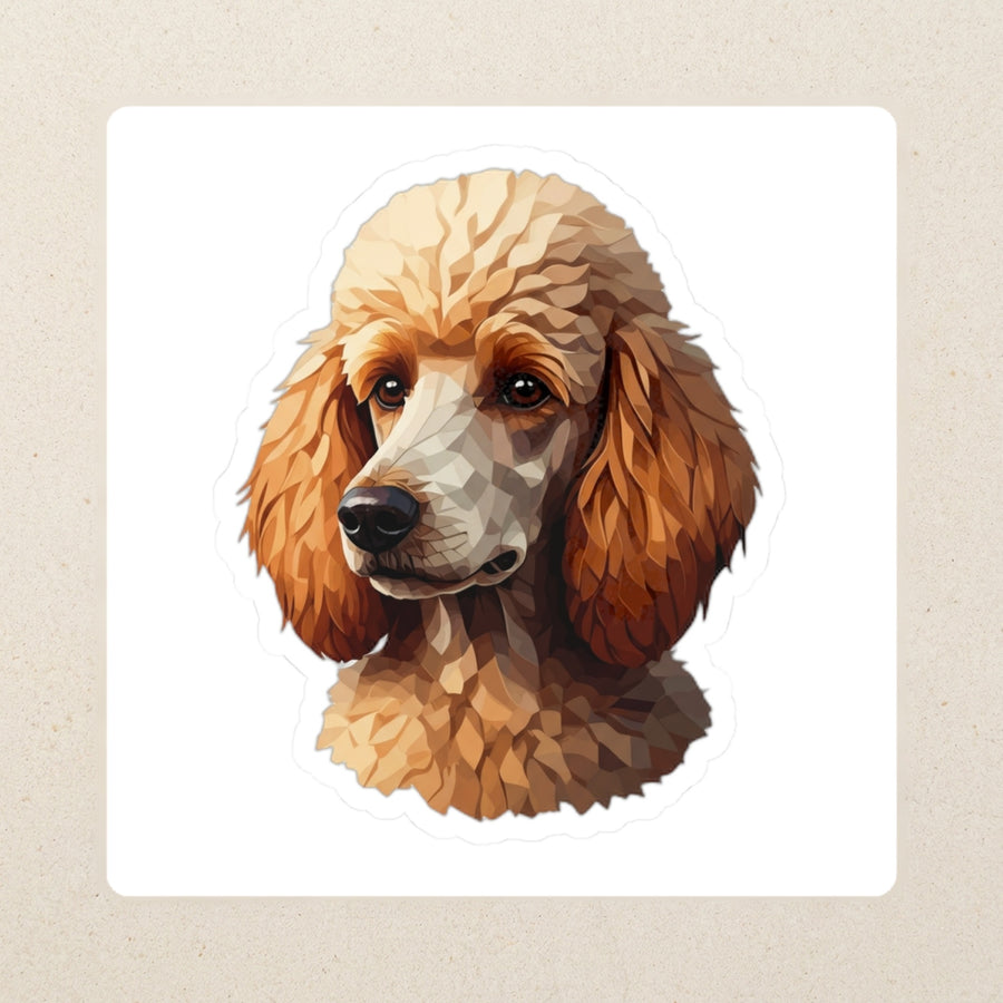 Poodle Low Poly Kiss-Cut Sticker, Geometric Dog Art, Poodle Lover Gift, Waterproof Vinyl kiss-cut vinyl sticker applied to a journal cover on a limestone desk, photographed from directly above