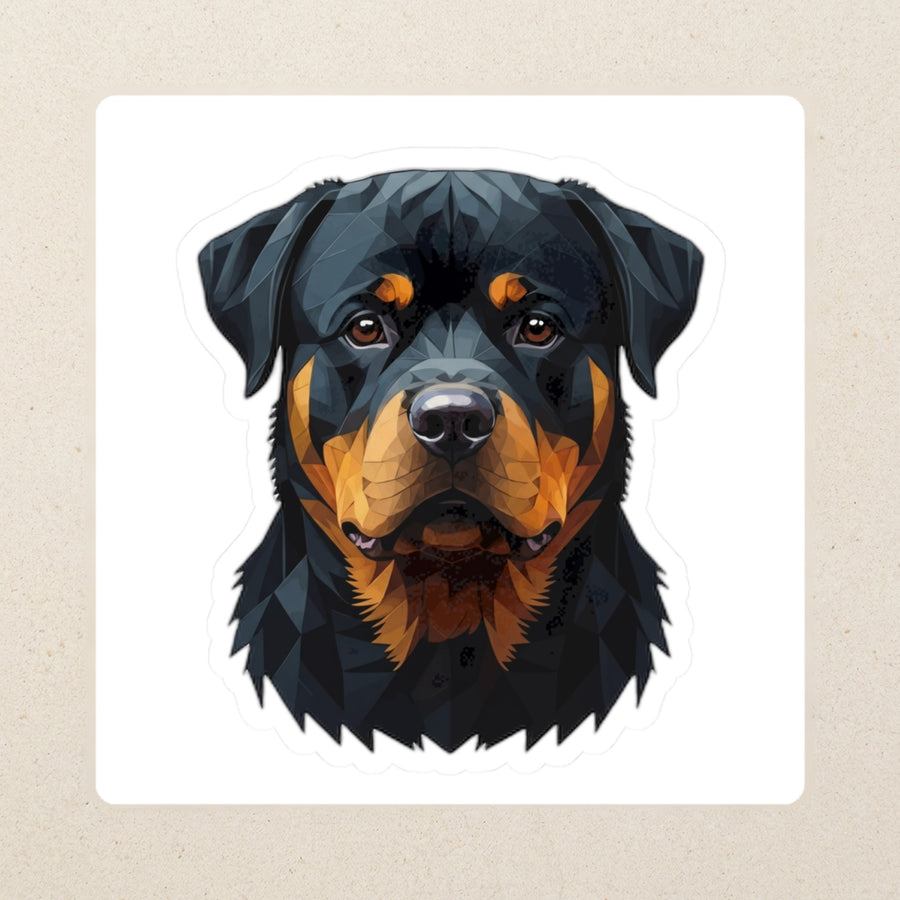 Rottweiler Low Poly Kiss-Cut Sticker, Geometric Dog Art, Rottweiler Lover Gift, Waterproof Vinyl kiss-cut vinyl sticker applied to a journal cover on a limestone desk, photographed from directly above