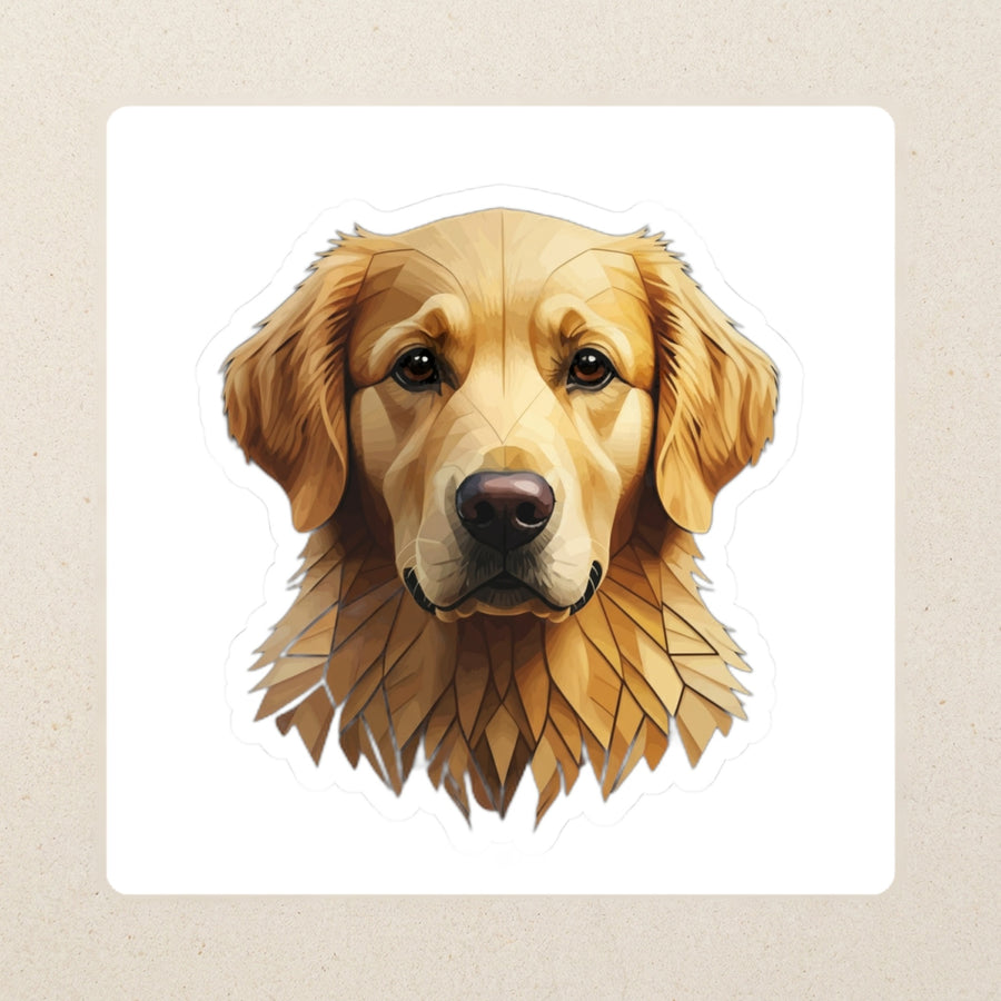 Golden Retriever Low Poly Kiss-Cut Sticker, Geometric Dog Art, Golden Retriever Lover Gift, Waterproof Vinyl kiss-cut vinyl sticker applied to a journal cover on a limestone desk, photographed from directly above