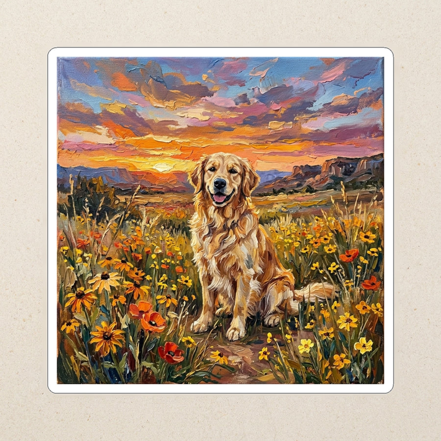 Golden Retriever Acrylic Kiss-Cut Sticker, Colorful Dog Art, Golden Retriever Lover Gift, Waterproof Vinyl kiss-cut vinyl sticker applied to a journal cover on a limestone desk, photographed from directly above