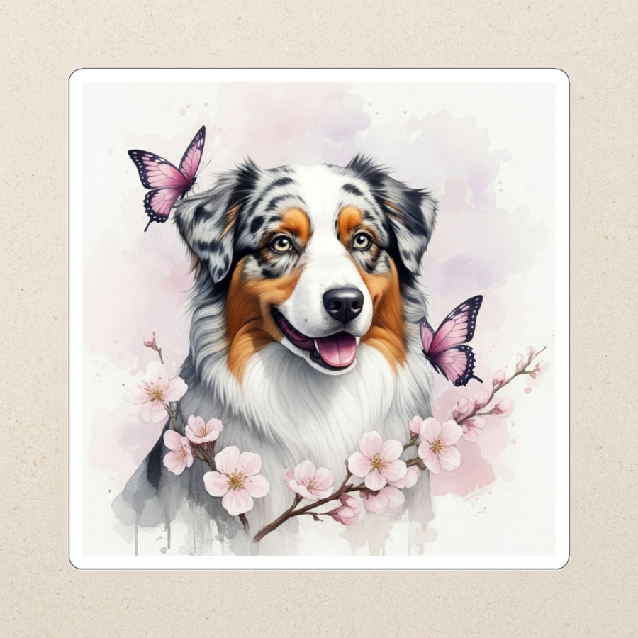 Australian Shepherd Watercolor Kiss-Cut Sticker, Soft Dog Art, Australian Shepherd Lover Gift, Waterproof Vinyl kiss-cut vinyl sticker applied to a journal cover on a limestone desk, photographed from directly above