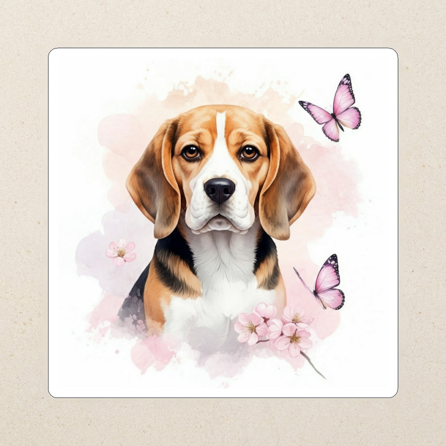 Beagle Watercolor Kiss-Cut Sticker, Soft Dog Art, Beagle Lover Gift, Waterproof Vinyl kiss-cut vinyl sticker applied to a journal cover on a limestone desk, photographed from directly above
