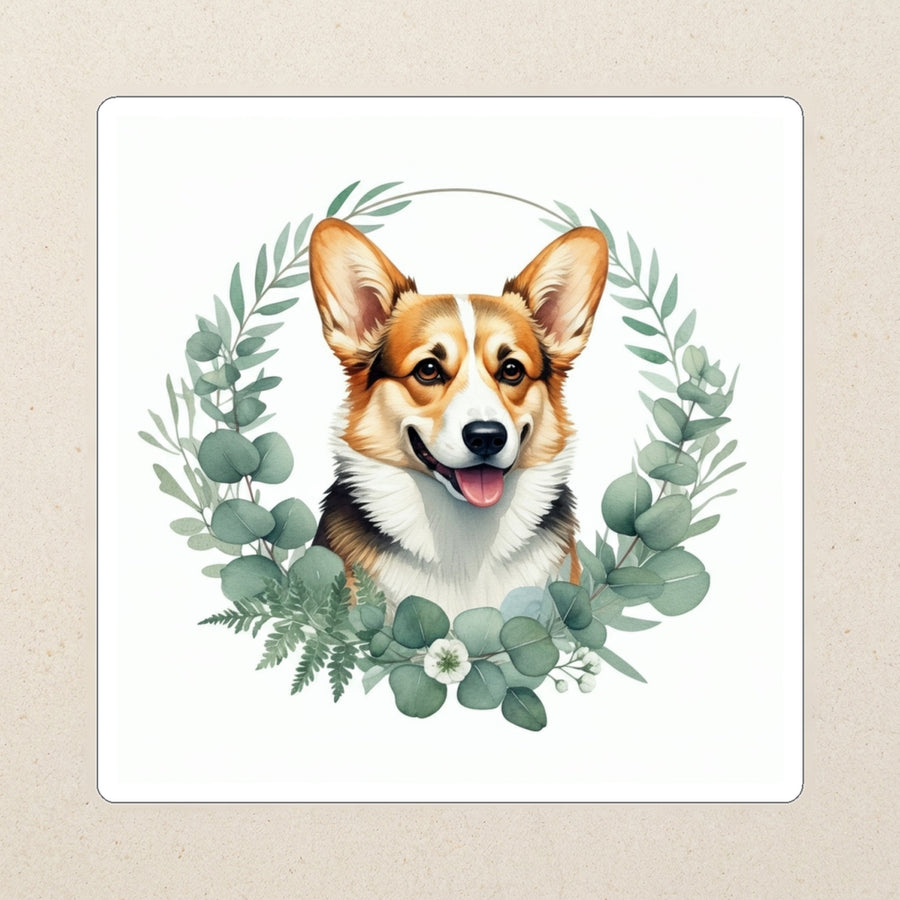 Corgi Watercolor Kiss-Cut Sticker, Soft Dog Art, Corgi Lover Gift, Waterproof Vinyl kiss-cut vinyl sticker applied to a journal cover on a limestone desk, photographed from directly above