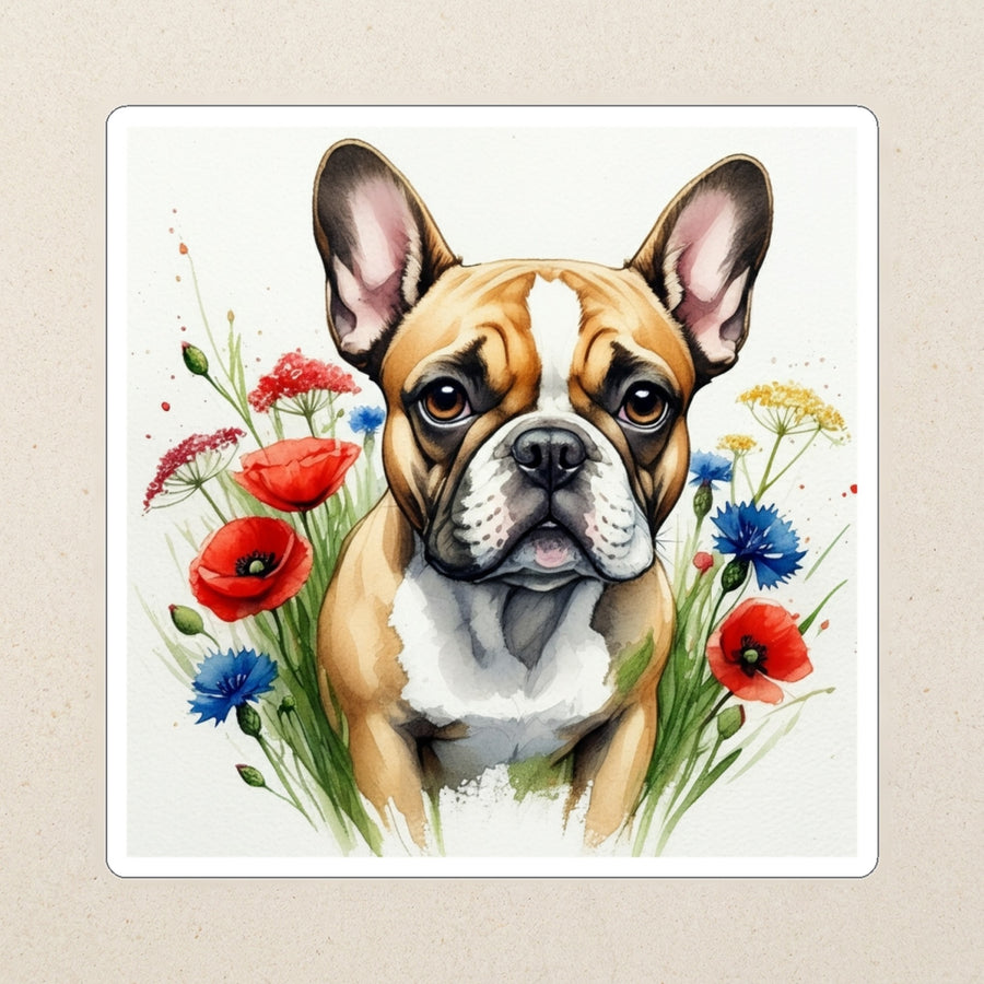 French Bulldog Watercolor Kiss-Cut Sticker, Soft Dog Art, French Bulldog Lover Gift, Waterproof Vinyl kiss-cut vinyl sticker applied to a journal cover on a limestone desk, photographed from directly above