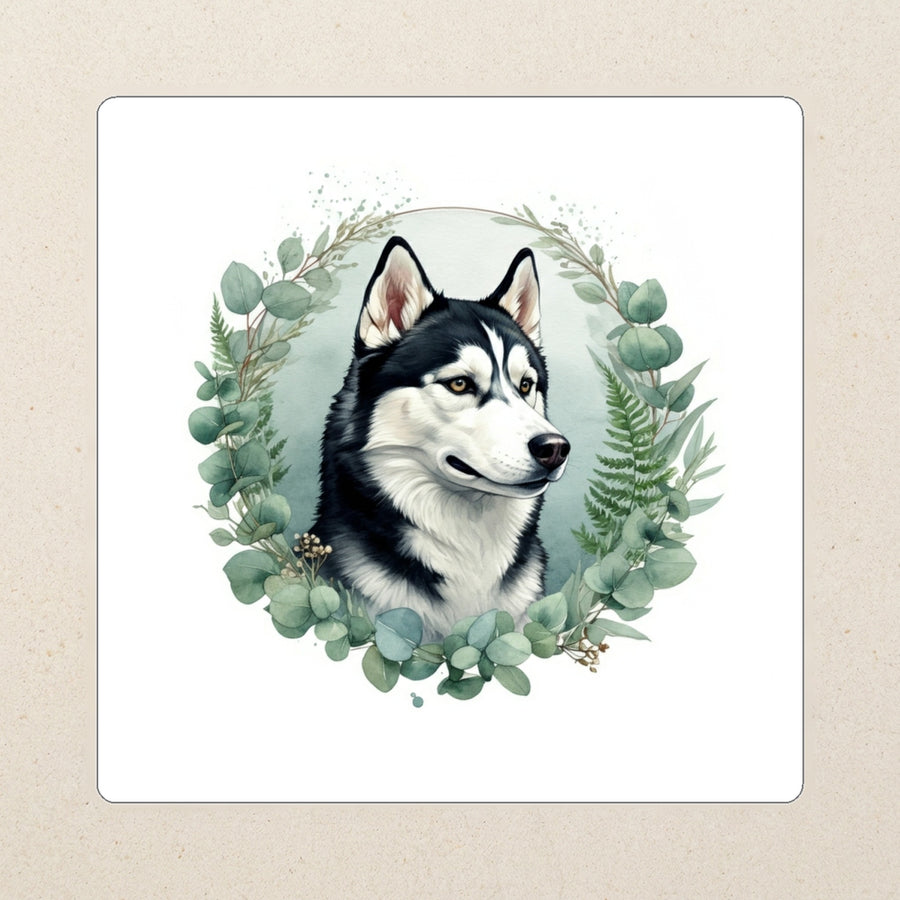 Siberian Husky Watercolor Kiss-Cut Sticker, Soft Dog Art, Siberian Husky Lover Gift, Waterproof Vinyl kiss-cut vinyl sticker applied to a journal cover on a limestone desk, photographed from directly above