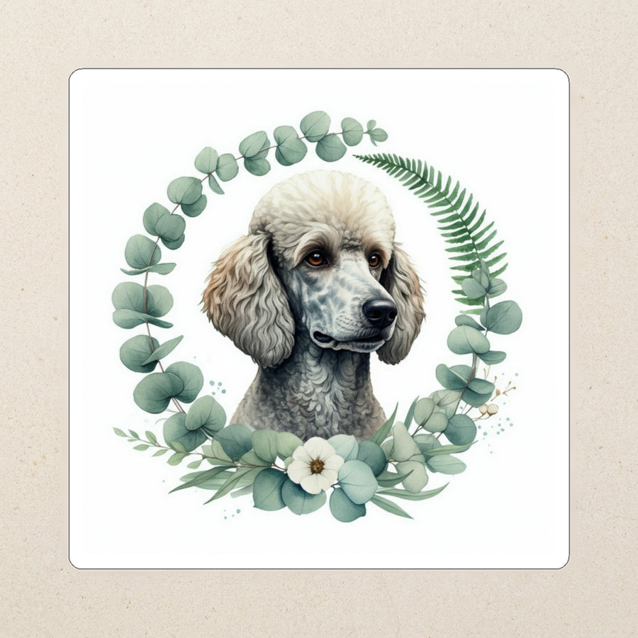 Poodle Watercolor Kiss-Cut Sticker, Soft Dog Art, Poodle Lover Gift, Waterproof Vinyl kiss-cut vinyl sticker applied to a journal cover on a limestone desk, photographed from directly above