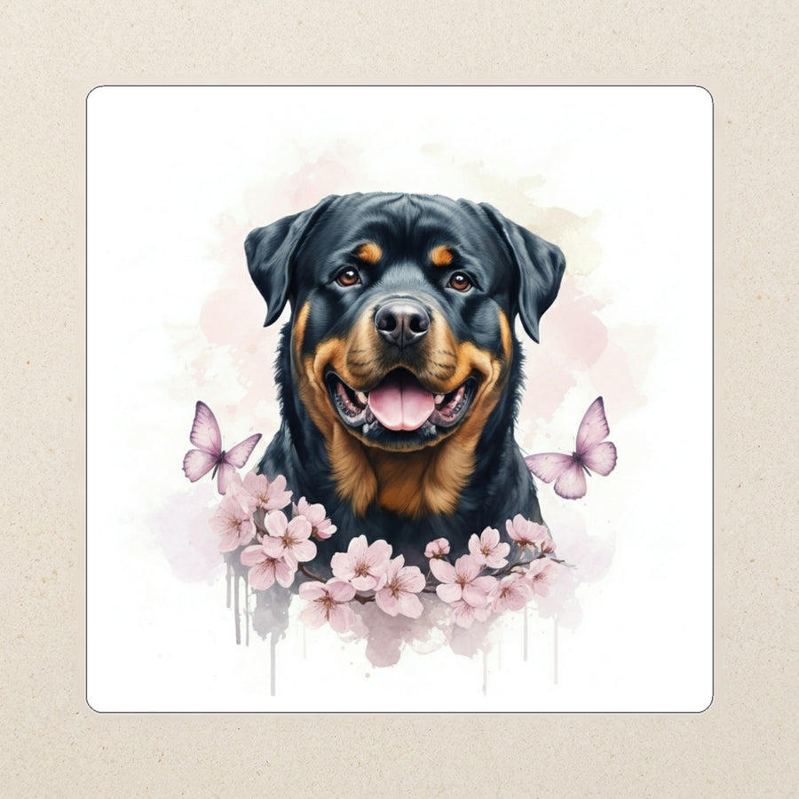 Rottweiler Watercolor Kiss-Cut Sticker, Soft Dog Art, Rottweiler Lover Gift, Waterproof Vinyl kiss-cut vinyl sticker applied to a journal cover on a limestone desk, photographed from directly above