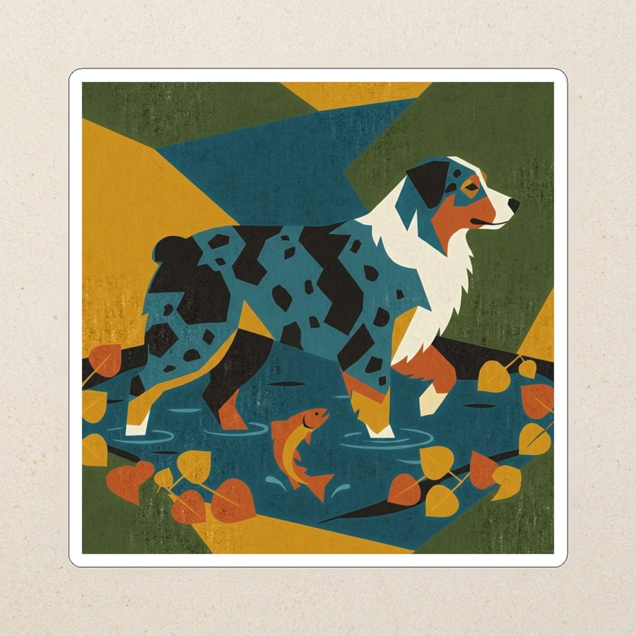 Australian Shepherd Kiss-Cut Sticker, Retro Autumn Dog Art, Australian Shepherd Lover Gift, Vinyl Sticker kiss-cut vinyl sticker applied to a journal cover on a limestone desk, photographed from directly above
