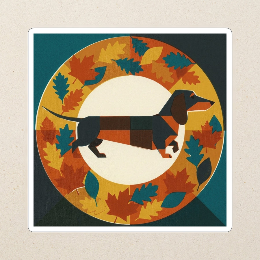 Dachshund Kiss-Cut Sticker, Retro Autumn Dog Art, Dachshund Lover Gift, Vinyl Sticker kiss-cut vinyl sticker applied to a journal cover on a limestone desk, photographed from directly above