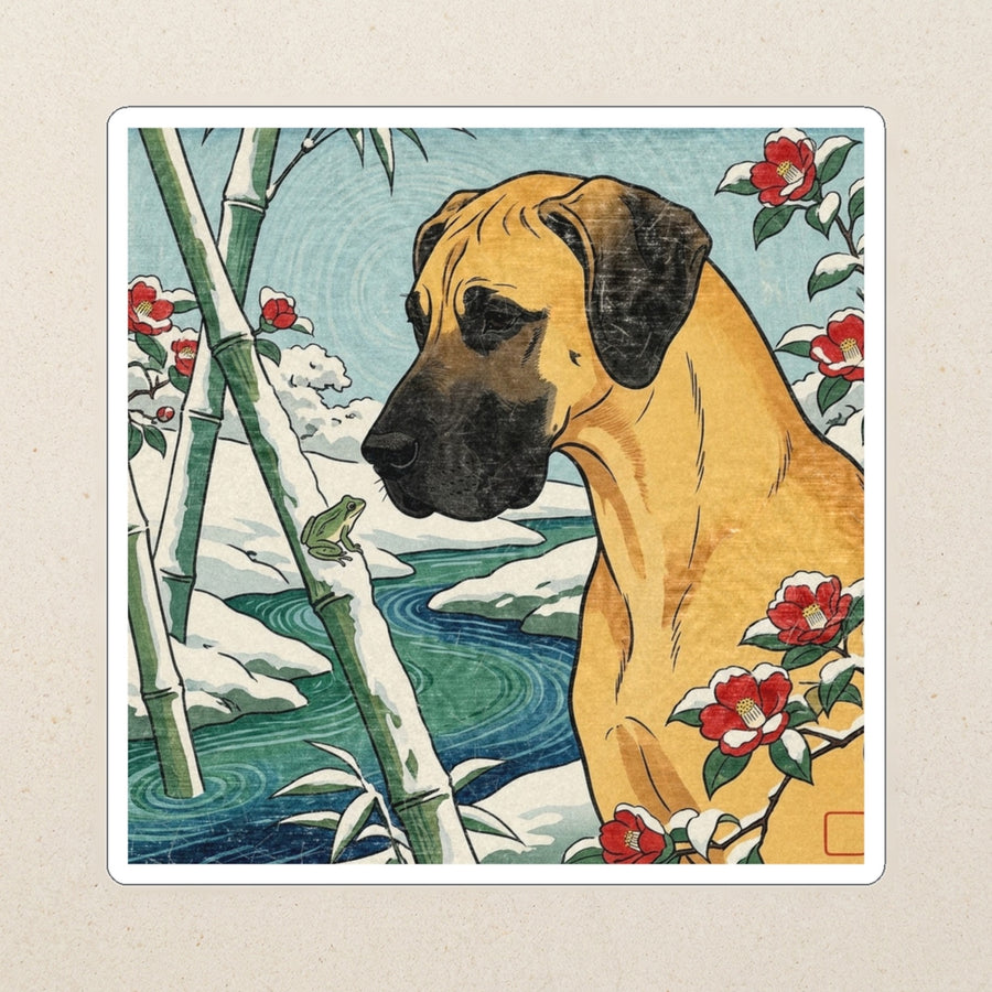 Great Dane Kiss-Cut Sticker, Japanese Print Dog Art, Great Dane Lover Gift, Vinyl Sticker kiss-cut vinyl sticker applied to a journal cover on a limestone desk, photographed from directly above