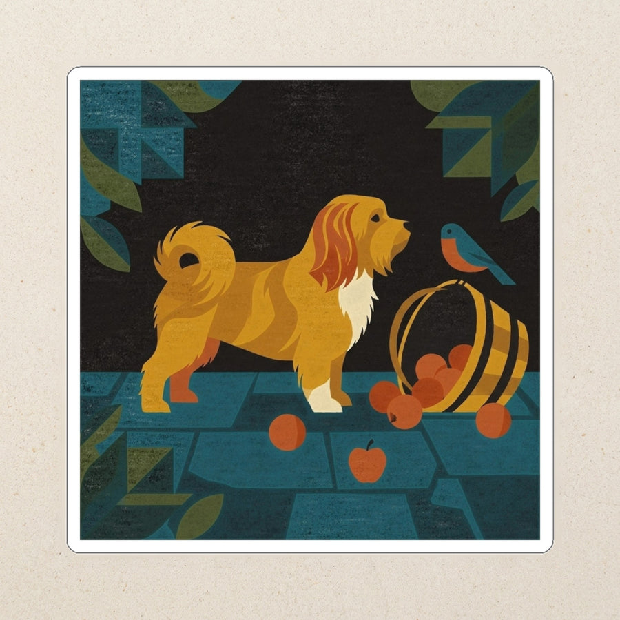 Havanese Kiss-Cut Sticker, Retro Autumn Dog Art, Havanese Lover Gift, Vinyl Sticker kiss-cut vinyl sticker applied to a journal cover on a limestone desk, photographed from directly above
