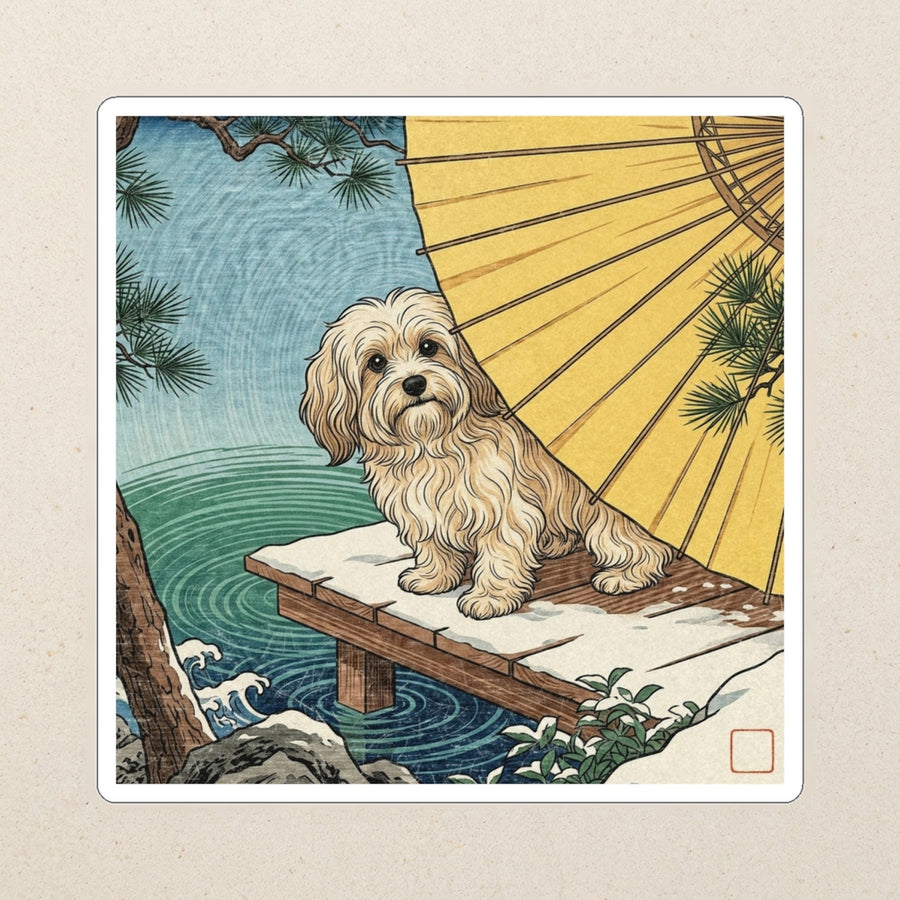 Havanese Kiss-Cut Sticker, Japanese Print Dog Art, Havanese Lover Gift, Vinyl Sticker kiss-cut vinyl sticker applied to a journal cover on a limestone desk, photographed from directly above