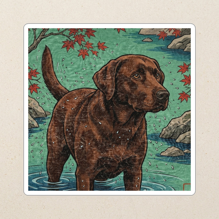 Labrador Retriever Kiss-Cut Sticker, Japanese Print Dog Art, Labrador Retriever Lover Gift, Vinyl Sticker kiss-cut vinyl sticker applied to a journal cover on a limestone desk, photographed from directly above