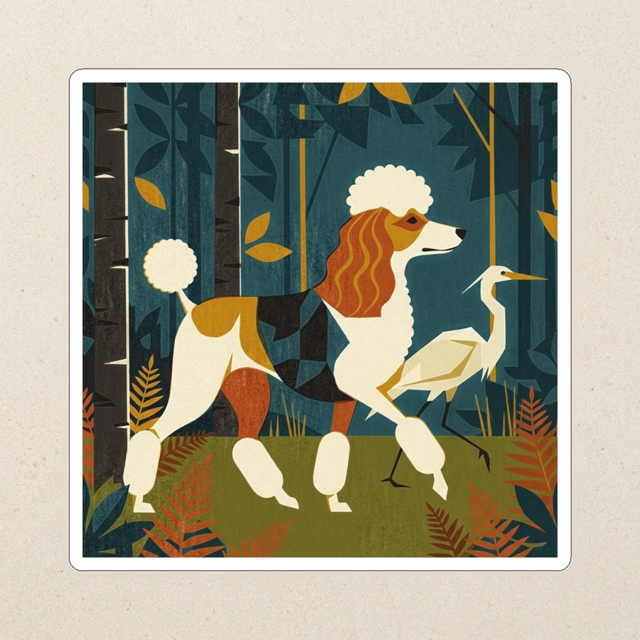Poodle Kiss-Cut Sticker, Retro Autumn Dog Art, Poodle Lover Gift, Vinyl Sticker kiss-cut vinyl sticker applied to a journal cover on a limestone desk, photographed from directly above