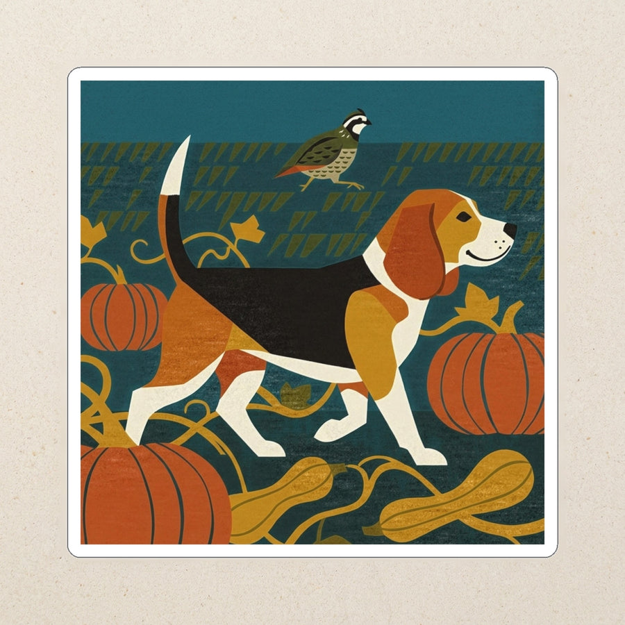 Beagle Kiss-Cut Sticker, Retro Autumn Dog Art, Beagle Lover Gift, Vinyl Sticker kiss-cut vinyl sticker applied to a journal cover on a limestone desk, photographed from directly above