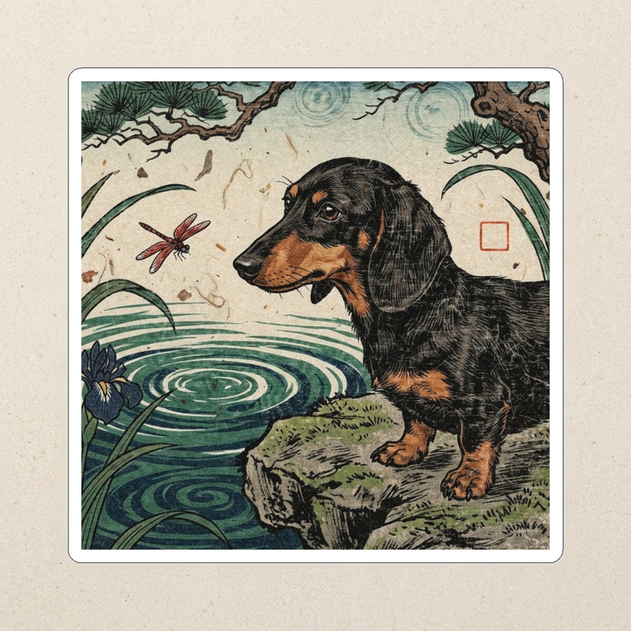 Dachshund Kiss-Cut Sticker, Japanese Print Dog Art, Dachshund Lover Gift, Vinyl Sticker kiss-cut vinyl sticker applied to a journal cover on a limestone desk, photographed from directly above