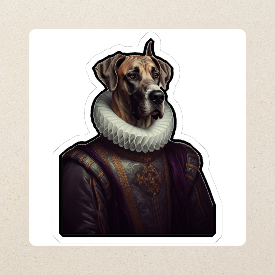 Great Dane Royal Portrait Kiss-Cut Sticker, Regal Dog Art, Great Dane Lover Gift, Waterproof Vinyl kiss-cut vinyl sticker applied to a journal cover on a limestone desk, photographed from directly above