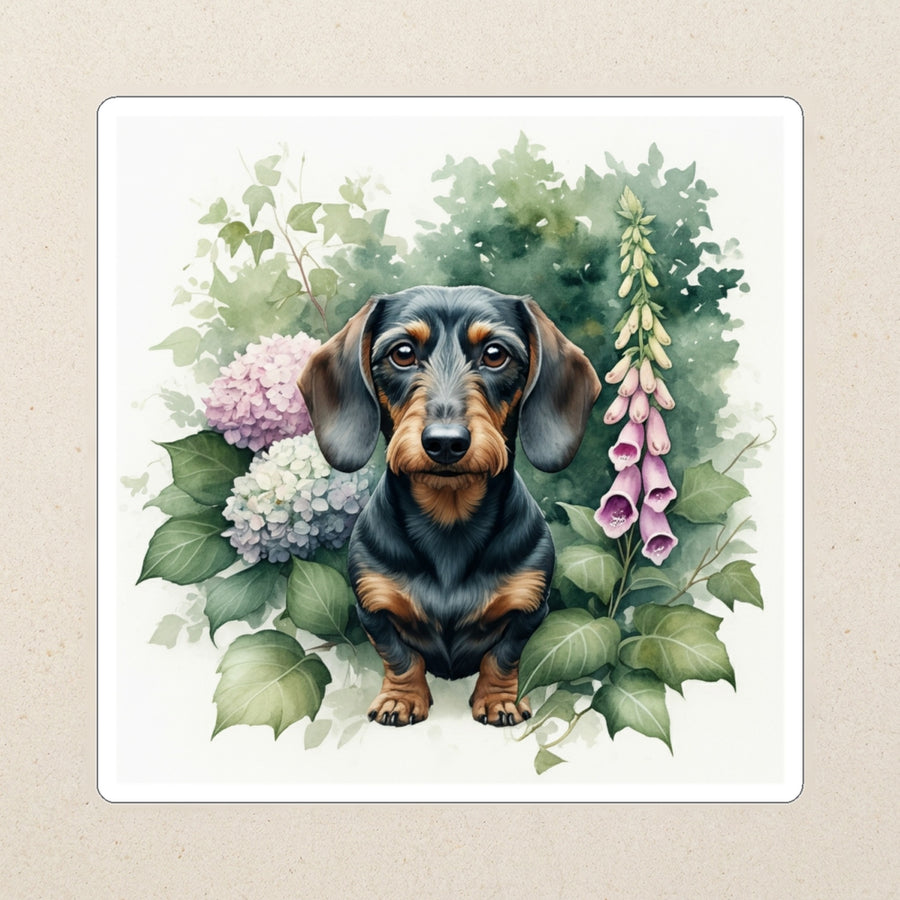 Dachshund Watercolor Kiss-Cut Sticker, Soft Dog Art, Dachshund Lover Gift, Waterproof Vinyl kiss-cut vinyl sticker applied to a journal cover on a limestone desk, photographed from directly above
