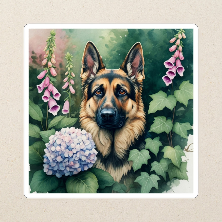 German Shepherd Watercolor Kiss-Cut Sticker, Soft Dog Art, German Shepherd Lover Gift, Waterproof Vinyl kiss-cut vinyl sticker applied to a journal cover on a limestone desk, photographed from directly above