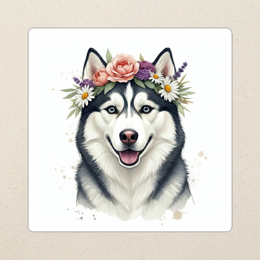 Siberian Husky Watercolor Kiss-Cut Sticker, Soft Dog Art, Siberian Husky Lover Gift, Waterproof Vinyl kiss-cut vinyl sticker applied to a journal cover on a limestone desk, photographed from directly above