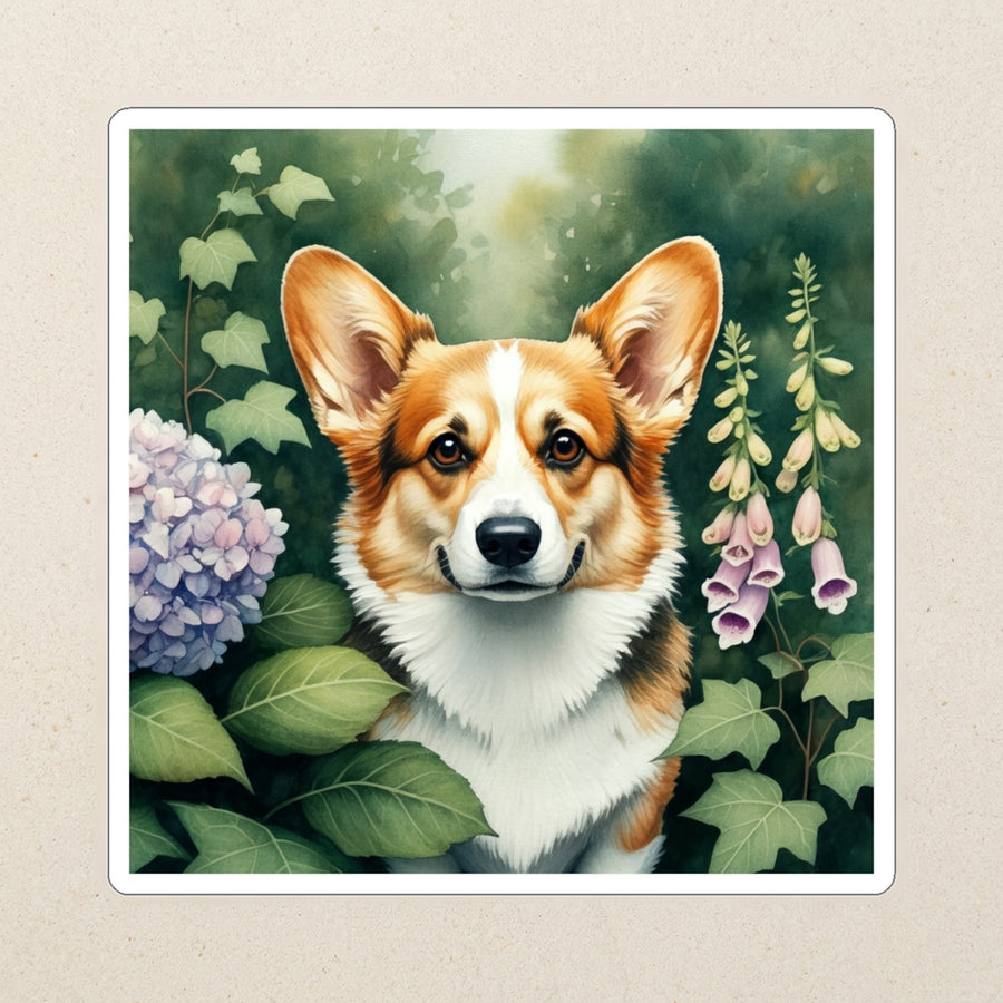 Corgi Watercolor Kiss-Cut Sticker, Soft Dog Art, Corgi Lover Gift, Waterproof Vinyl kiss-cut vinyl sticker applied to a journal cover on a limestone desk, photographed from directly above