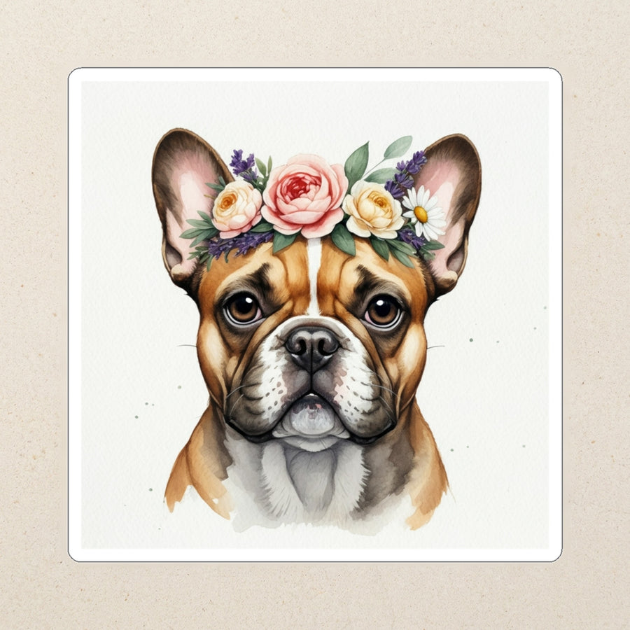 French Bulldog Watercolor Kiss-Cut Sticker, Soft Dog Art, French Bulldog Lover Gift, Waterproof Vinyl kiss-cut vinyl sticker applied to a journal cover on a limestone desk, photographed from directly above