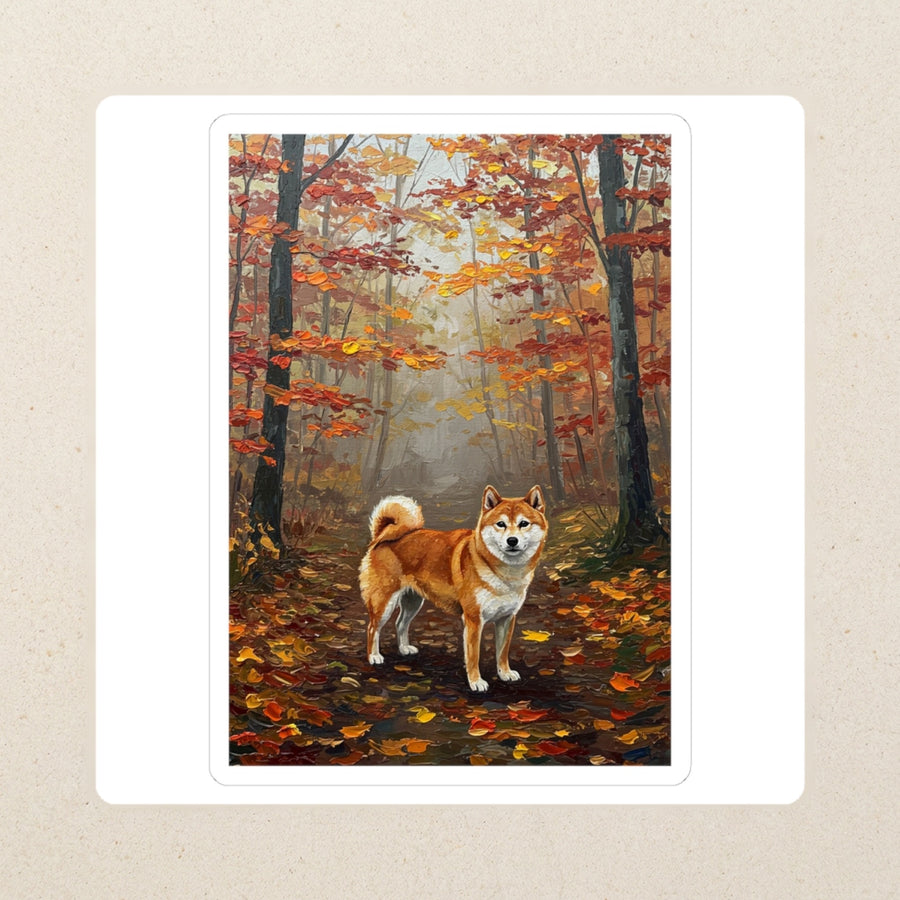 Shiba Inu Acrylic Kiss-Cut Sticker, Colorful Dog Art, Shiba Inu Lover Gift, Waterproof Vinyl kiss-cut vinyl sticker applied to a journal cover on a limestone desk, photographed from directly above