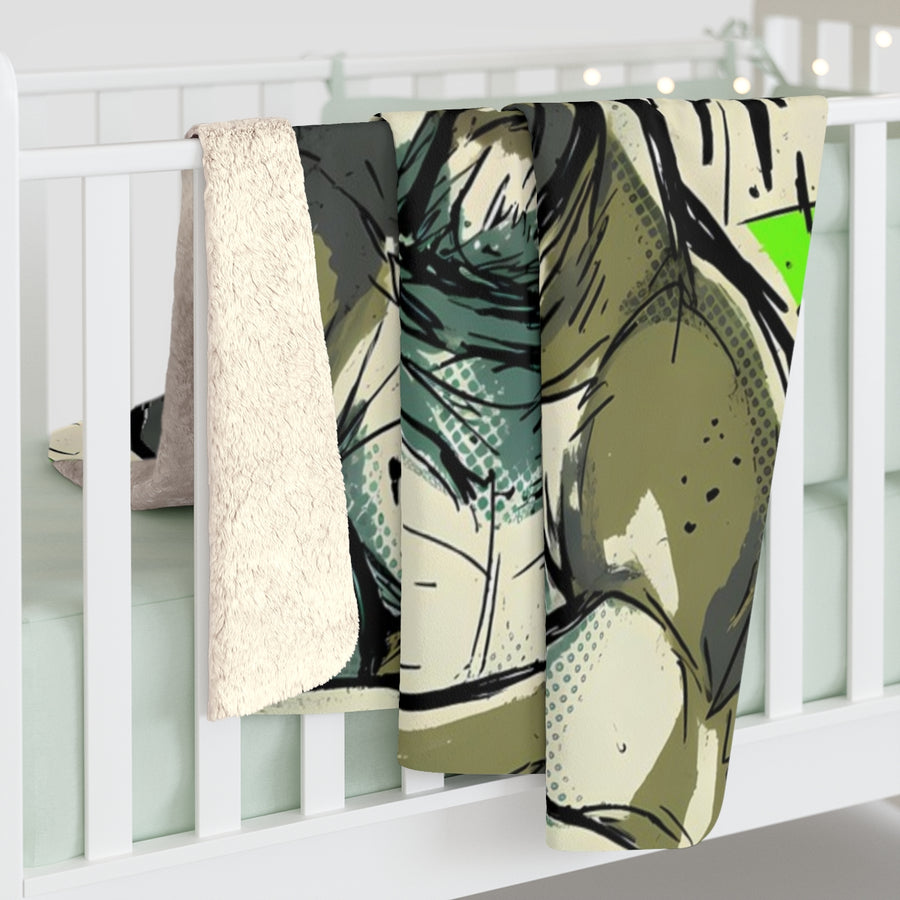 French Bulldog Comic Pop Art sherpa blanket by Tritan, on bed
