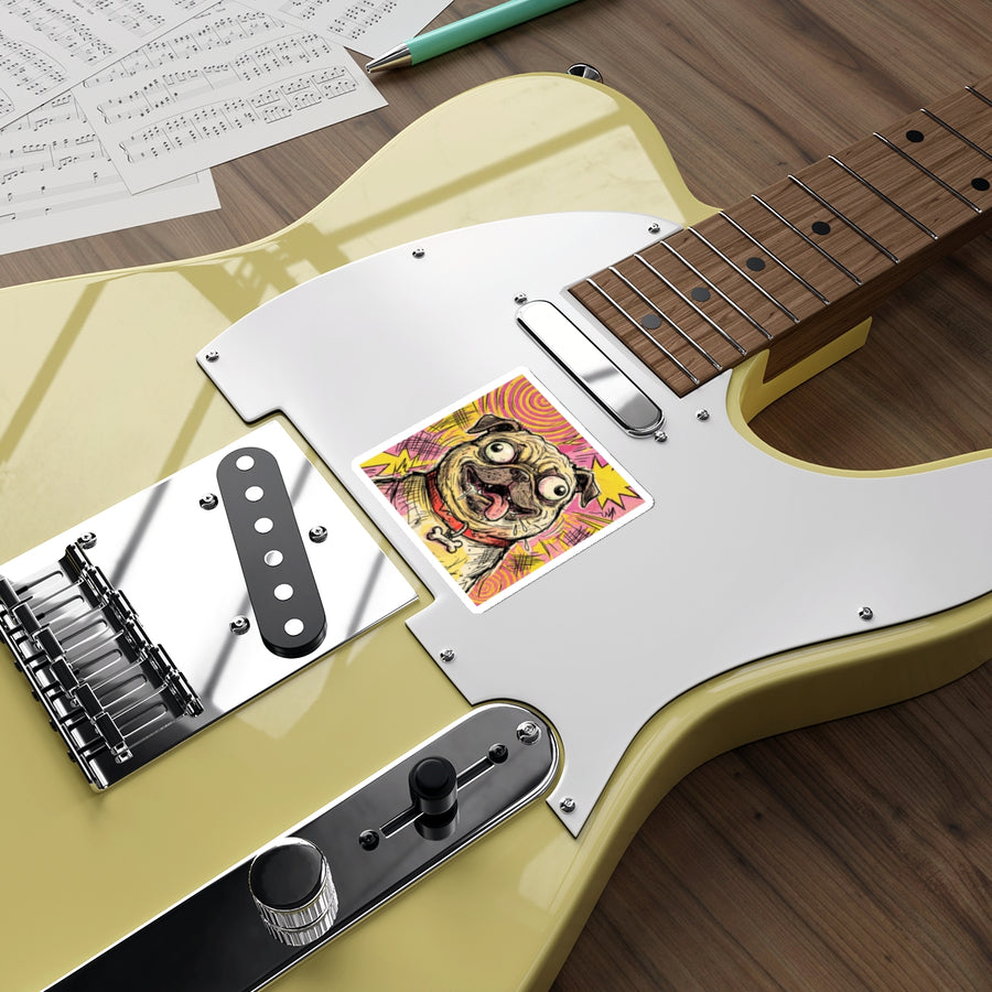 Pug Comic Pop Art vinyl sticker by Tritan, on a guitar