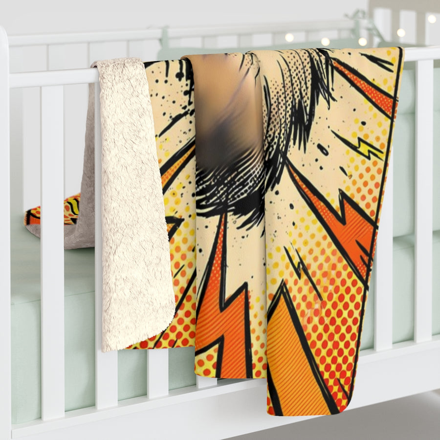 Pomeranian Comic Pop Art sherpa blanket by Tritan, on bed