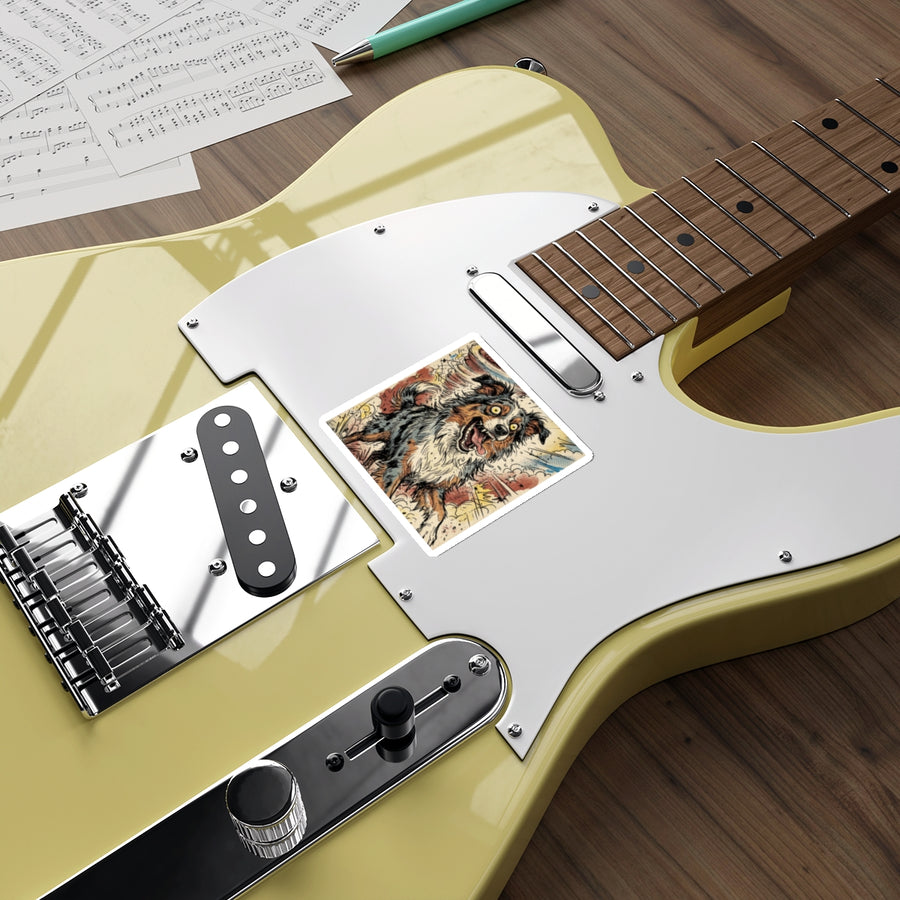 Australian Shepherd Comic Pop Art vinyl sticker by Tritan, on a guitar