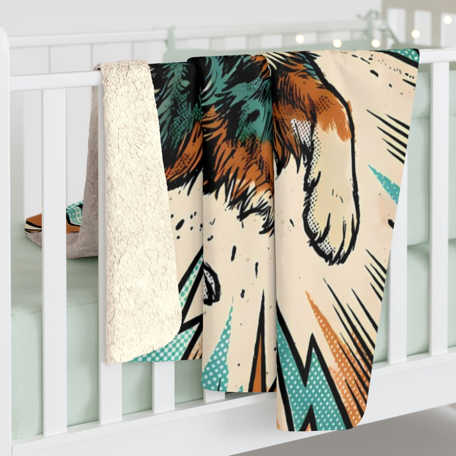 Australian Shepherd Comic Pop Art sherpa blanket by Tritan, on bed