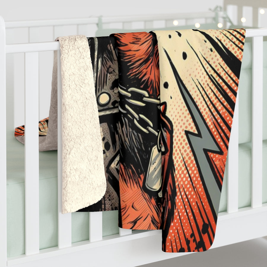 Rottweiler Comic Pop Art sherpa blanket by Tritan, on bed