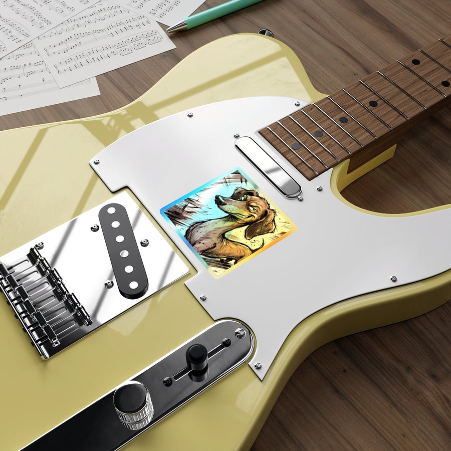 Dachshund Comic Pop Art vinyl sticker by Tritan, on a guitar
