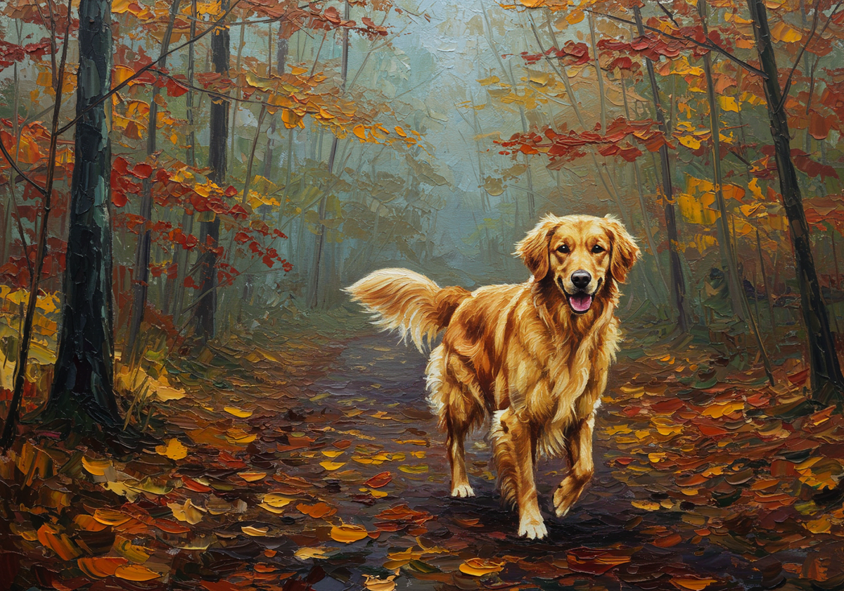 A golden retriever on a leaf-covered forest path in autumn, painted