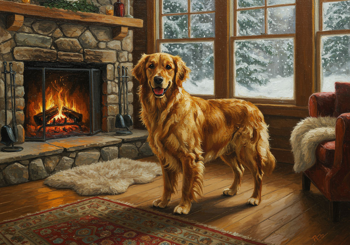 A golden retriever standing by a stone fireplace on a snowy day, painted