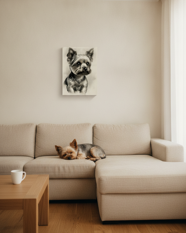 Yorkshire Terrier Charcoal Portrait Canvas Wall Art | Yorkie Dog Lover Gift | Pet Memorial Decor | Ready to Hang Print — Lifestyle View
