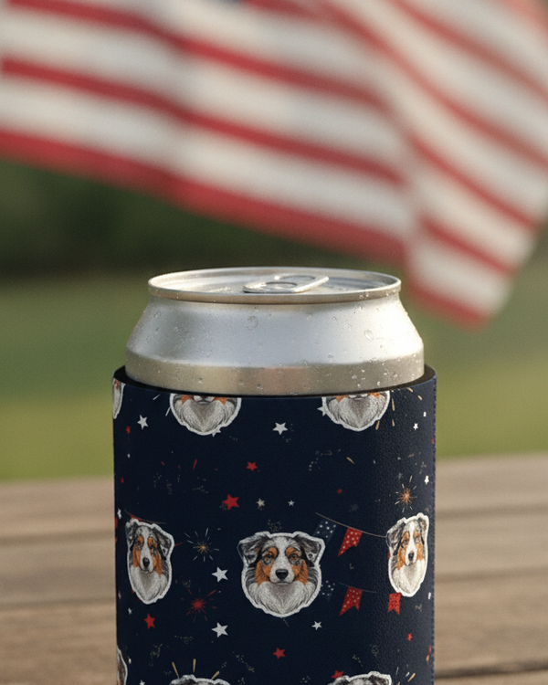 Australian Shepherd Can Cooler, 4th of July Patriotic Dog Pattern Gift, Aussie Decor, Independence Day Drink Coolie