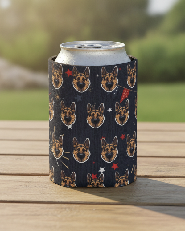 German Shepherd America 250 Can Cooler, Patriotic Dog Pattern Drink Holder, GSD Gift for Him Her, Summer BBQ Decor, USA America Theme