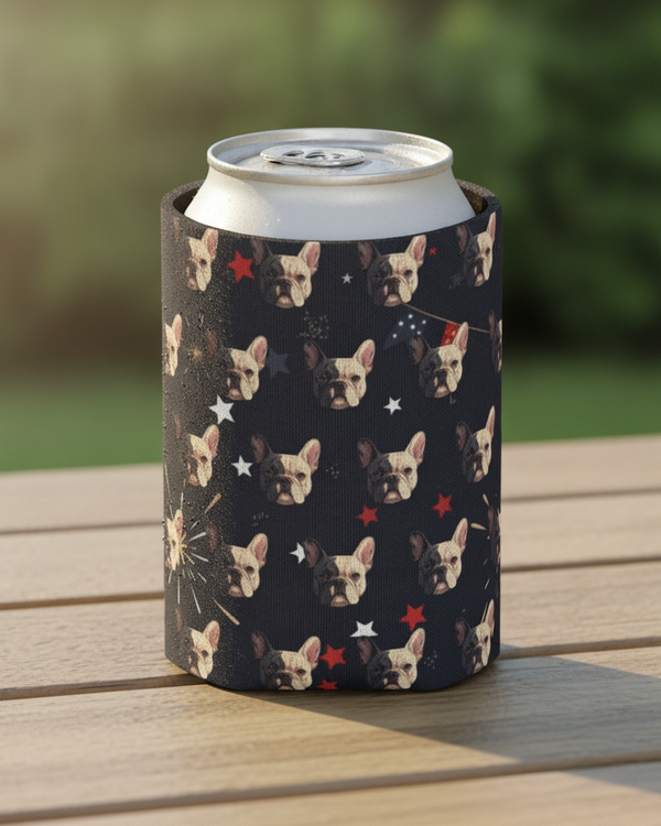 French Bulldog America 250 Can Cooler | Patriotic Dog Pattern Drink Holder | America 250 Pet Lover Gift | Summer Party Supplies