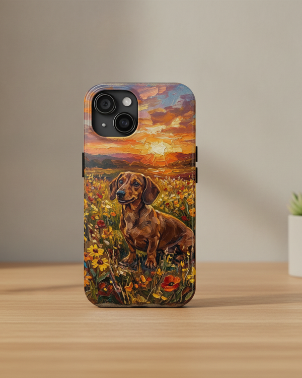 Dachshund Acrylic Sunset Prairie Phone Case | Premium Dog Art | Tritan