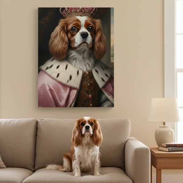 Cavalier King Charles Spaniel Medieval Knight Portrait Canvas Wall Art, Regal Dog Painting, Stretched Canvas — Lifestyle View