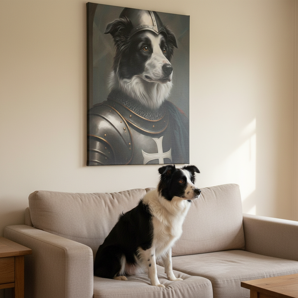 Border Collie Medieval Knight Portrait Canvas Wall Art, Regal Dog Painting, Border Collie Lover Gift, Stretched Canvas — Lifestyle View