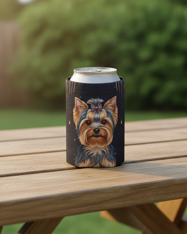 Yorkshire Terrier America 250 Patriotic Dog Pattern Can Cooler | Yorkie Lover Gift | Independence Day Party Decor | Premium Beverage Cooler