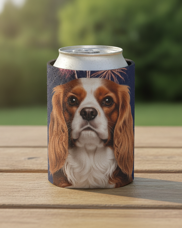 Cavalier King Charles Can Cooler, America 250 Patriotic Dog Pattern, Cavie Gift, Independence Day Drinkware, Dog Lover Present