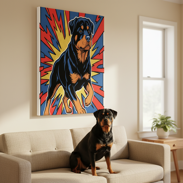 Rottweiler Comic Book Pop Art Canvas - Dynamic Halftone Style for Energetic Wall Decor — Lifestyle View