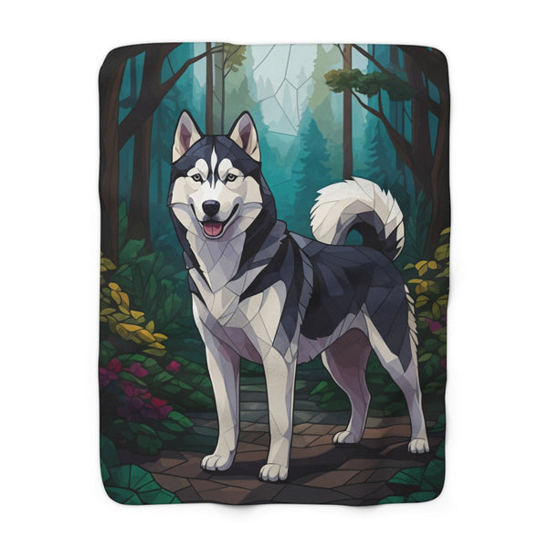 Siberian Husky Low Poly Forest Sherpa Fleece Blanket | Dog Lover Gift