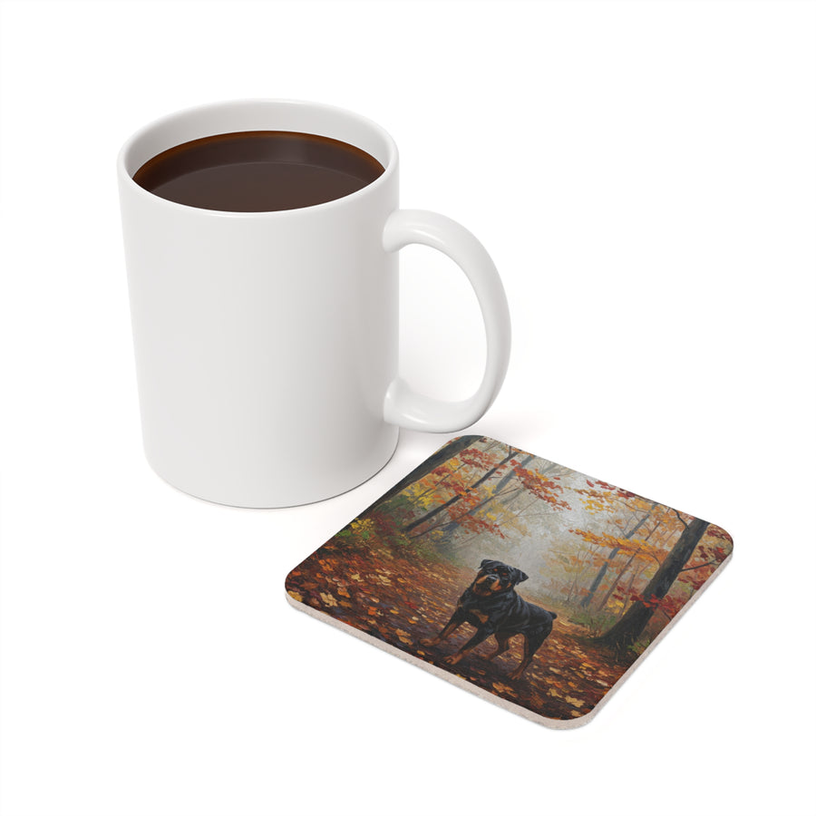 Acrylic Rottweiler - Autumn Woods | Cork Back Coaster