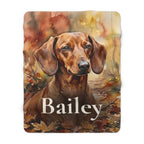 Personalized Dachshund sherpa fleece blanket, watercolor-style portrait with the dog's name across the lower part